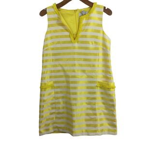 Belle Badgley Mishka Dakota Striped Shift Dress Fringe Pocket Lemon Yellow 10